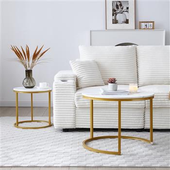 Set 2 Coffee Table Nesting White and gray top  Golden Frame Circular Round and Marble Pattern Wooden Tables, Living Room Bedroom Apartment Modern Industrial Simple Nightstand