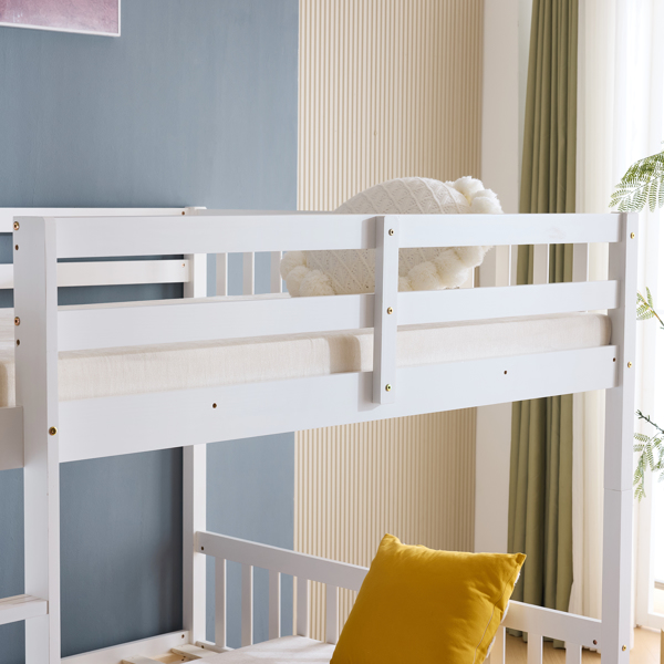 Full Size Bunk Bed with Trundle Bed, with Ladder and Safety Rails Pinewood Bunk Bed White