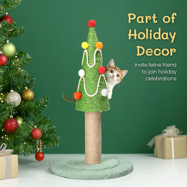 22in Christmas Tree Scratching Post, Cute Cat Scratcher with Natural Sisal Covered Frame & Colorful Little Balls for Indoor Cats