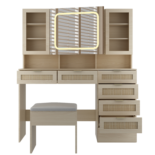 Large Vanity Table Set with LED Lighted Mirror, Vanity Desk with Charging Station, Makeup Table with Glass Doors, Drawers and Storage Shelves, Cushioned Stool for Bedroom, Natural