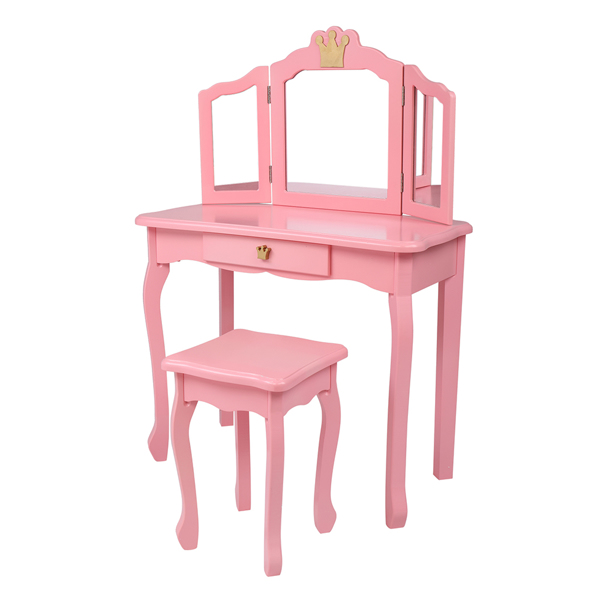 Children's Wooden Dressing Table Three-Sided Folding Mirror Dressing Table Chair Single Drawer Pink Crown Style