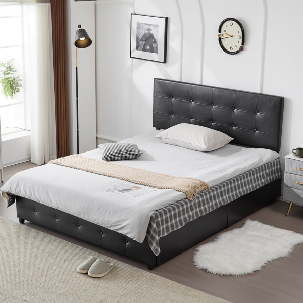 Upholstered Queen Platform Storage Bed Frame with 4 Drawers, Adjustable Headboard with Faux Leather Button Tufted Design, Wooden Slat Support, No Box Spring Needed, Black