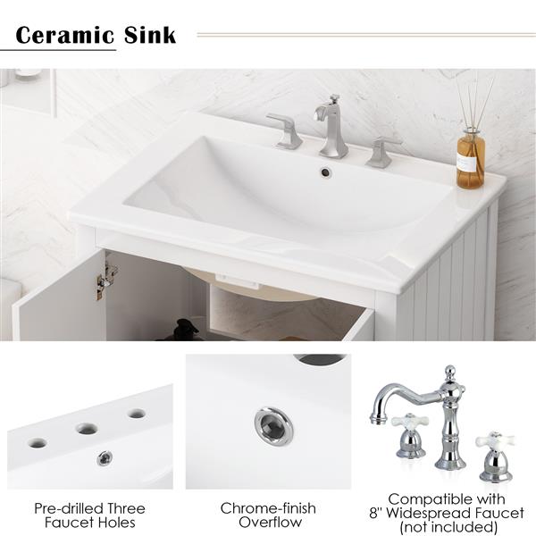 24" White Modern Sleek Bathroom Vanity Elegant Ceramic Sink with Solid Wood Frame Open Style Shelf