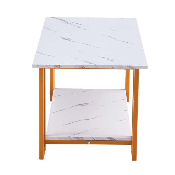  Coffee Table, 2 Layers 1.5cm Thick Marble MDF Rectangle 39.37" L Tabletop Iron Coffee Table , Dining Room, Coffee Shop, Resterant, White Top, Gold Leg 