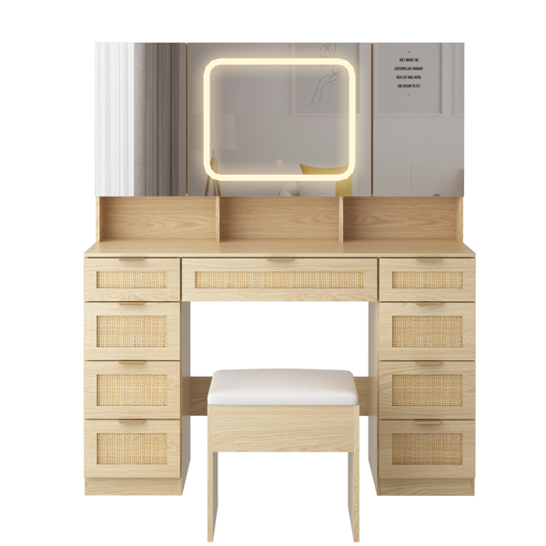 Large Vanity Table Set with 3 Opening Mirrors and LED Lights, Vanity Table with Full Storage Behind Mirror, Makeup Table with Drawers and Storage Shelves, Cushioned Stool for Bedroom, Natural