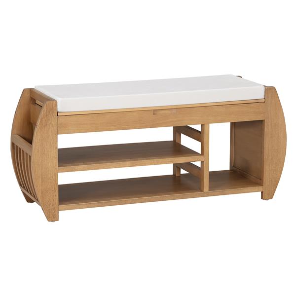 Retro Multifunctional Storage Bench with Cushion and Curved Side Panel for Entrance and Living Room (Natural)