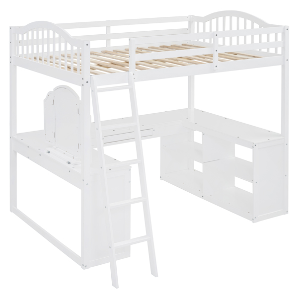 Full Wooden Loft Bed with U-shaped Desk,Storage Compartments and Tri-fold Mirror, White 