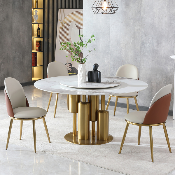 Modern Marble Dining Table with Removable Turntable, 59" Round Sintered Stone Table with Stainless Steel Base, 5-Piece Dining Table Set for Dining Room, Kitchen, Dinette, Compact Space (LTL item)