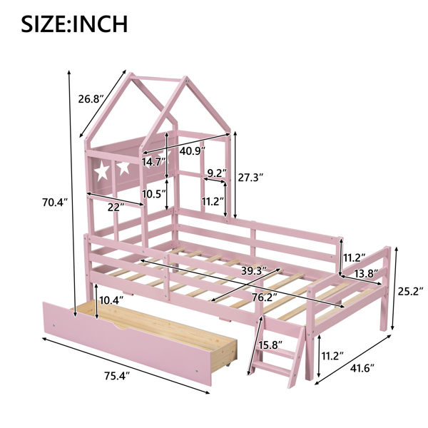 Wood Twin Size House Platform Bed with Guardrail and Drawer, Pink