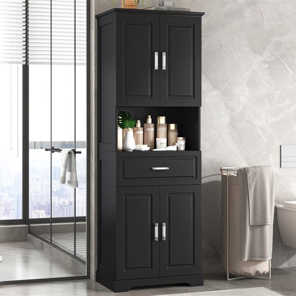 Tall Bathroom Cabinet with Four Doors, Large Storage Space Open Shelve, Upper Storage Cabinet, Black