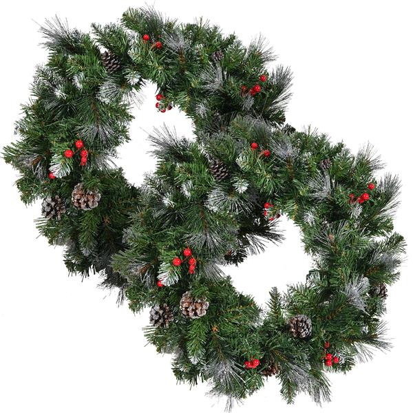 2-packed 24'' Glitter Bristle Mixed Wreath with with 9 Red Berry and 9 Pine Cones and 50 Warm White LED Lights with Timer-Battery Operated-Outdoor, 150 tips