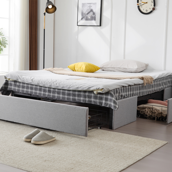 Queen Bed Frame with 3 Large Drawers, Fabric Upholstered Platform Bed, Wooden Slat Support, No Box Spring Needed, Easy Assembly, Light Grey