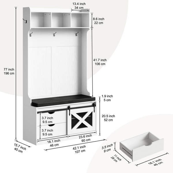 Garderobenständer, 6 in 1 Garderobe mit Schuhbank & 6 Haken, Flurgarderobe mit 3 Obere Ablage, Schuhbank mit Sitzfläche, Garderobenschrank Flur Eingangsbereich, 196x107x40 cm, Weiß