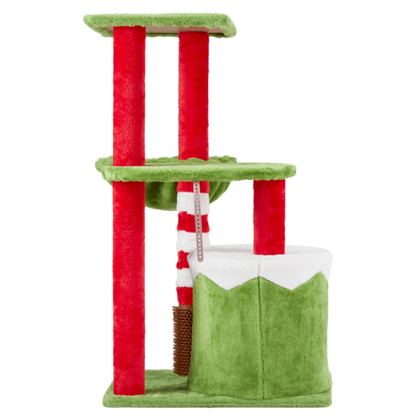 32in Cat Scratching Posts Tower with Cat Condo and Hammock, Christmas Themed Plush Cat Tree with Cat Massage Brush, Activity Center for Indoor Cats