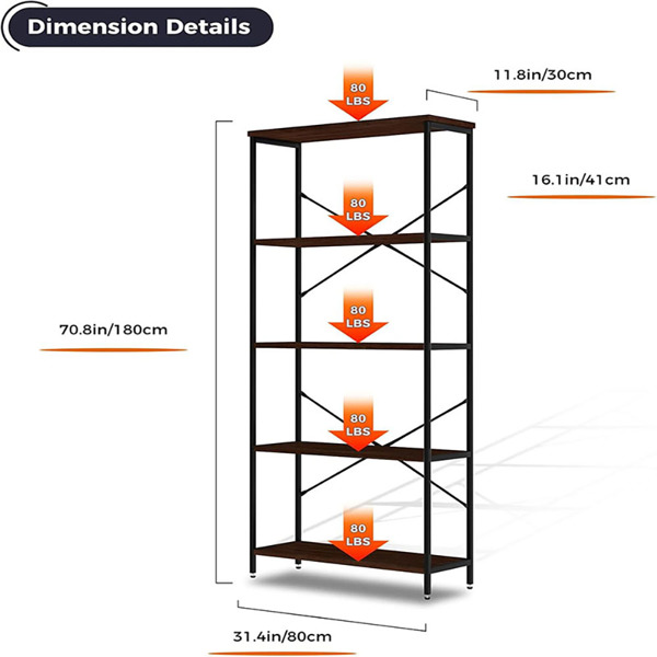 5-layer storage rack, bookshelf, adjustable base with stabilizer, height 180CM