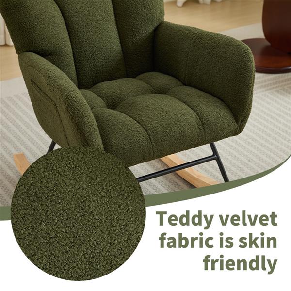 Modern Nursery Rocking Chair Upholstered Glider Chair with High Backrest Rocker Accent Armchair with Solid Wood Legs for Nursery Bedroom Living Room Teddy(dark green)