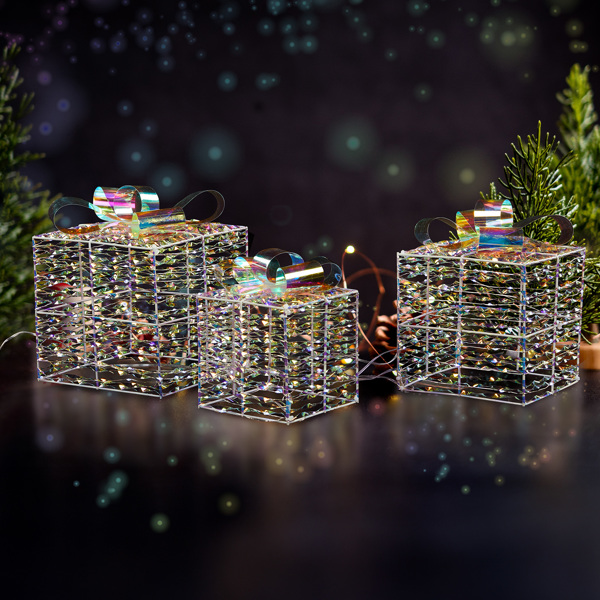 Lighted Iridescent Gift Boxes Set of 3, Pre-lit Nestable Present Boxes Ornament with 140 LED Warm White Lights and Stakes for Christmas Outdoor Indoor Decor Lighted Holiday Displays