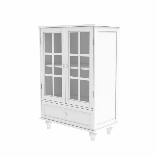 Minimalist White Buffet Cabinet with Double Glass Doors and Drawer, Modern Wooden Storage Sideboard Cupboard for Living room, Dining Room Hallway Entryway