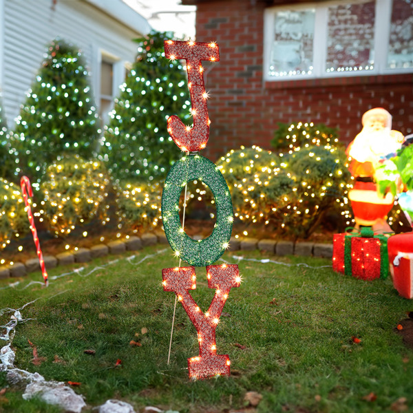 Lighted JOY Letter Sign Christmas Yard Decorations, Pre-lit 2D Letter Display with 45 LED Warm White Lights and Stakes for Xmas Outdoor Holiday Indoor Decor Lighted Holiday Displays