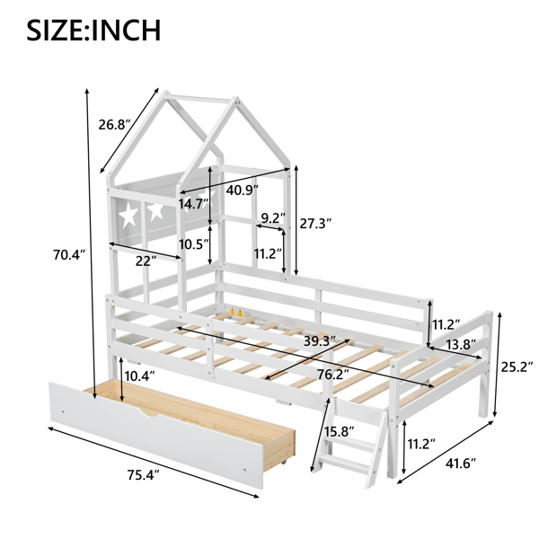 Wood Twin Size House Platform Bed with Guardrail and Drawer, White 