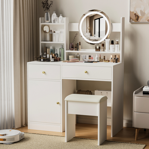 Fashion Vanity Desk with Mirror and Lights for Makeup and Cushioned Chair, Vanity Mirror with Lights and Table Set with 3 Color Lighting Brightness Adjustable,Dressing table, White Color 