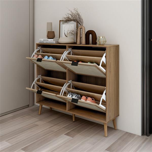 Natural Rattan 4 Door Shoe Rack, Freestanding Modern Shoe Storage Cabinet, for Entryway