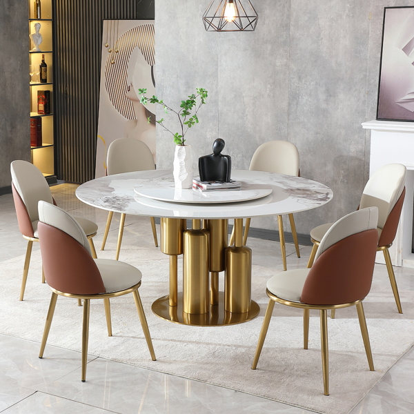 Modern Marble Dining Table with Removable Turntable, 59" Round Sintered Stone Table with Stainless Steel Base, 7-Piece Dining Table Set for Dining Room, Kitchen, Dinette, Compact Space (LTL item)