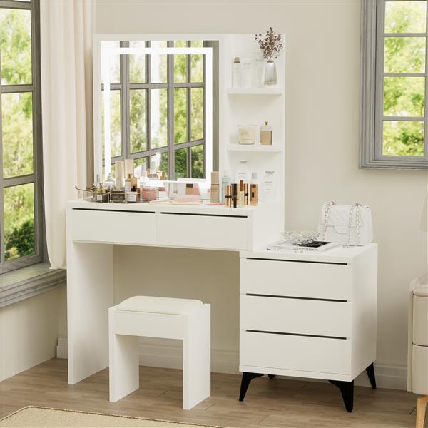 45.3" Long Large Vanity Desk with Mirror and Lights for Makeup and Chair, Vanity Mirror with Lights and Table Set with 3 Color Lighting Brightness Adjustable, 5 Drawers, White Color