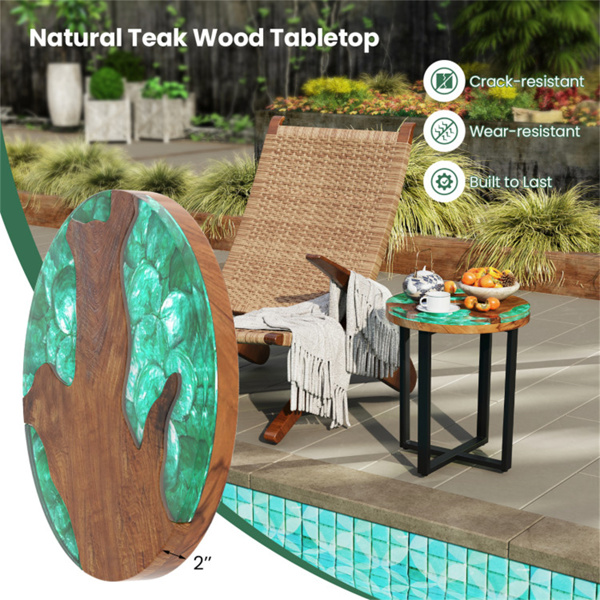 20-inch round end table with epoxy top for indoor and outdoor use