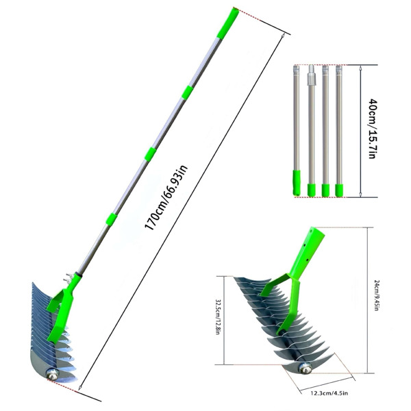 Thatch Rake, Dethatcher Rake for Cleaning Dead Grass, Grass Rake with Stainless Steel Handle, Lawn Loosening Soil Rake, 12.8 Inch Wide 66.93 Inch Length