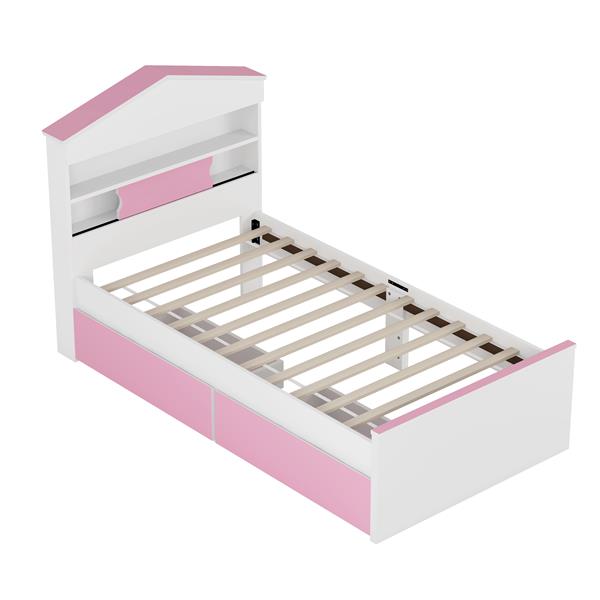 Twin Size House-Shaped Wooden Bed with Storage Shelf on the Headboard, Built-in Two Storage Drawers, Pink