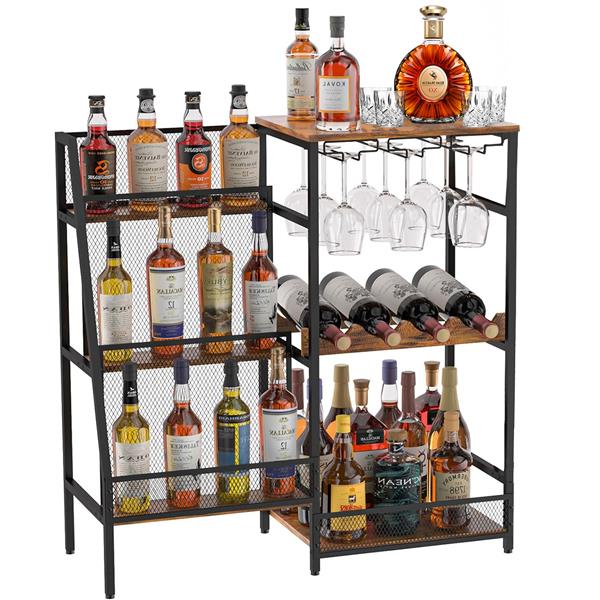 Versatile Liquor Stand for Home Bar, Wine Rack Freestanding Floor, Mini Bar Table for Liquor Whiskey Wine, 3-Tier Trapezoidal Liquor Bottle Display Shelf with Glass Holder and Fences