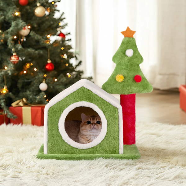 24in Christmas Cat House Cat Bed Cave, Soft Plush Christmas Nest Holiday Decor for Indoor Cats