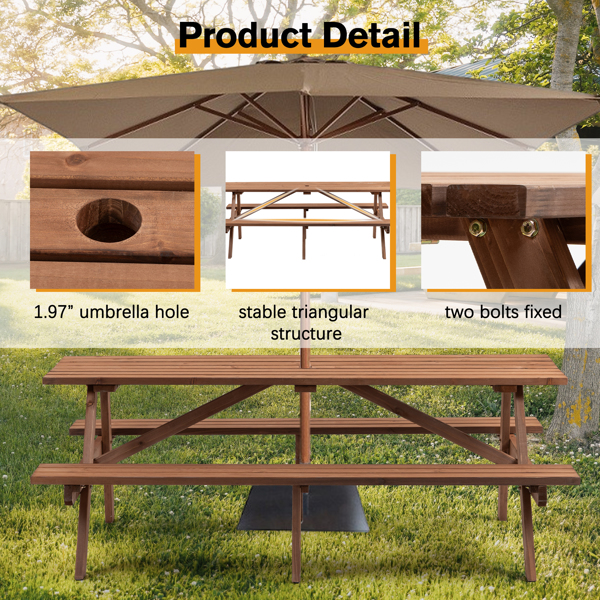 8-Person Rectangle Wooden Picnic Table, Outdoor Camping Dining Table with 2 Seats, Garden, DIY w/2 Built-in Benches, 2220lb Capacity, Brown 