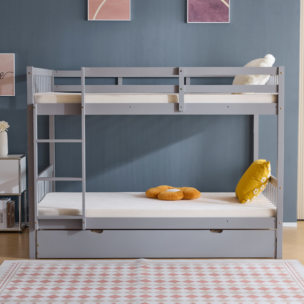 Full Size Bunk Bed with Trundle Bed, with Ladder and Safety Rails Pinewood Bunk Bed Gray