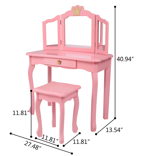 Children's Wooden Dressing Table Three-Sided Folding Mirror Dressing Table Chair Single Drawer Pink Crown Style