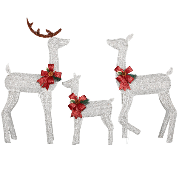 3-Piece Lighted Christmas Reindeer Family Set Outdoor Decorations, Weather Proof 2D Deer Family Set of 3 Christmas Ornament Home Decor Pre-lit 200 LED White Lights with Stakes, White