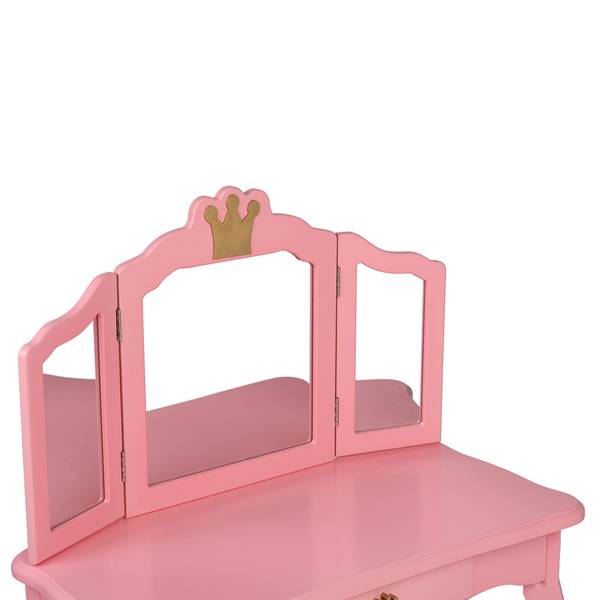 Children's Wooden Dressing Table Three-Sided Folding Mirror Dressing Table Chair Single Drawer Pink Crown Style