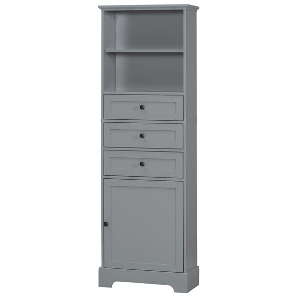 Gray Tall Storage Cabinet with 3 Drawers and Adjustable Shelves for Bathroom, Study, Office and Interior, MDF Board with Painted Finish