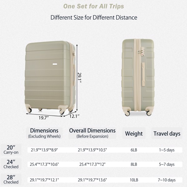 Luggage Sets New Model Expandable ABS Hardshell 3pcs Clearance Luggage Hardside Lightweight Durable Suitcase sets Spinner Wheels Suitcase with TSA Lock 20''24''28''( golden green amd beige)