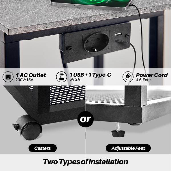 Beistelltisch mit Ladestation, C-Form Kaffeetisch, Beistelltisch Couch Holz, Mobiler Couchtisch mit Rädern & Ablagefläche, Kleiner Tisch für Wohnzimmer, Schlafzimmer (Marmor Grau)