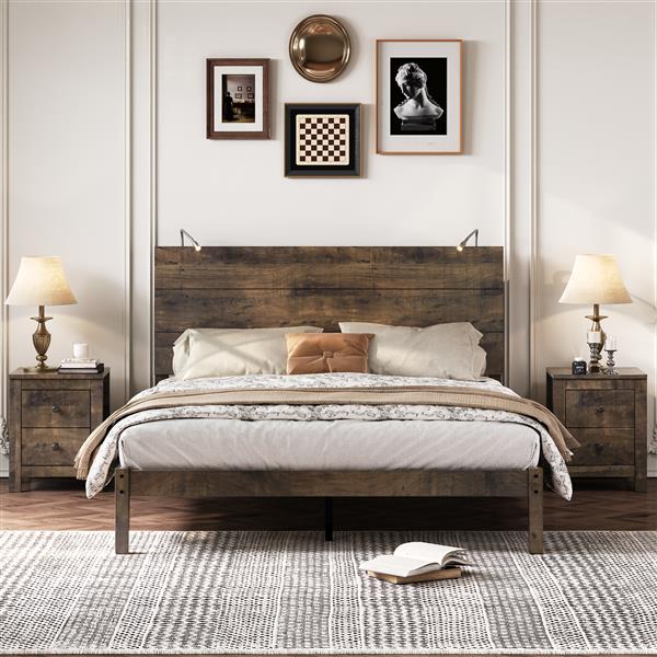 3-Pieces Bedroom Sets, Queen Size Farmhouse Platform Bed with Two Bedside Lights, 2-Drawer Nightstand, Antique Walnut