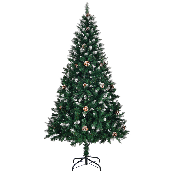 6 FT Artificial Snow Tipped Christmas Tree with Pine Cones, Unlit Christmas Pine Tree with 900 Branch Tips and Sturdy Metal Stand for Office Home Store Party Holiday Decor, Green & Snow Tipped