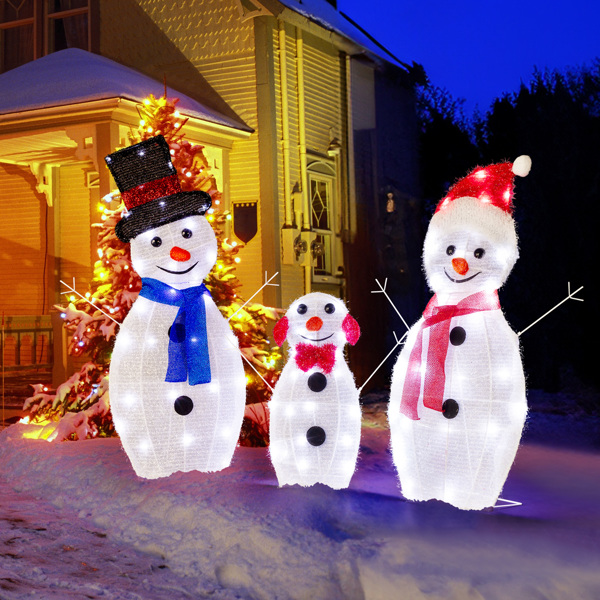 Lighted Snowman Christmas Yard Decorations, Set of 3 Pre-lit 2D Snowman Family with 80 LED White Lights and Stakes for Xmas Outdoor Holiday Indoor Decor Lighted Holiday Displays