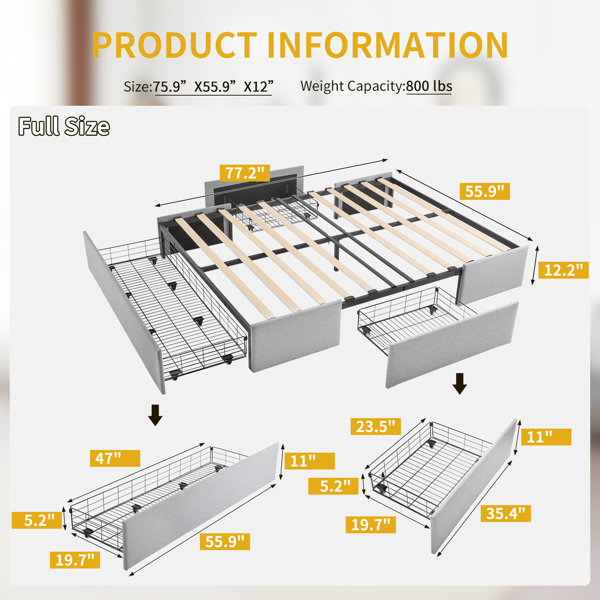 Full Bed Frame with 3 Large Drawers, Fabric Upholstered Platform Bed, Wooden Slat Support, No Box Spring Needed, Easy Assembly, Light Grey