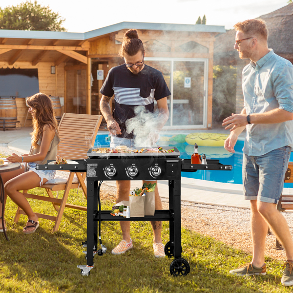 Foldable 3-Burner Flat Top Gas Griddle Cooking Station, Propane Fuelled Griddle Station with Side Shelves for Outdoor Barbecue Backyard Cookout