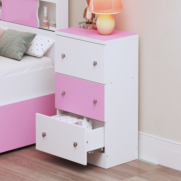 3-Drawer Wooden Nightstand with Colorblock Design and Plastic Handle, Wood Side Table with Storage Cabinet for Bedroom, White+Pink 