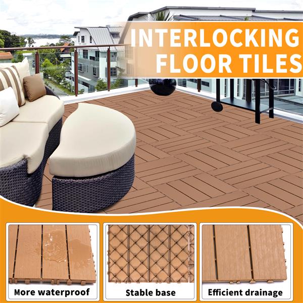 Plastic Interlocking Deck Tiles, 11.8"x11.8"(Pack of 44), Patio Flooring Outdoor Waterproof All Weather Use for Garden Poolside Front/Back Yard, Burlywood