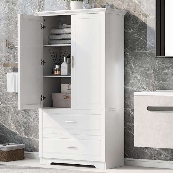 Tall Bathroom Storage Cabinet, Cabinet with Two Doors and Drawers, Adjustable Shelf, MDF Board, White