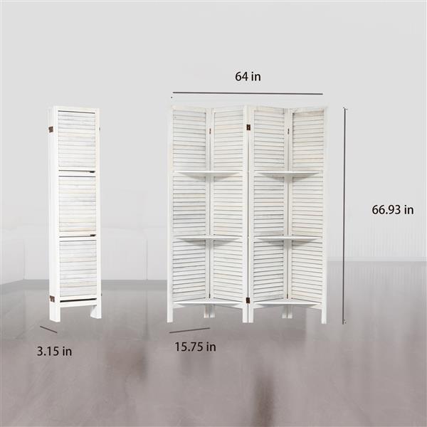 Room Divider 4 Panel, White Room Divider with Shelves, Wall Room Dividers and Folding Privacy Screens, Portable room partitions and dividers for Bedroom, Home Office, Studio (White)